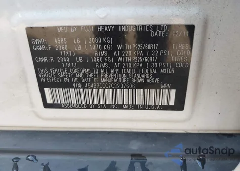 2012 Subaru Outback 2.5I Premium from USA, damaged, VIN 4S4BRCCC7C3237606